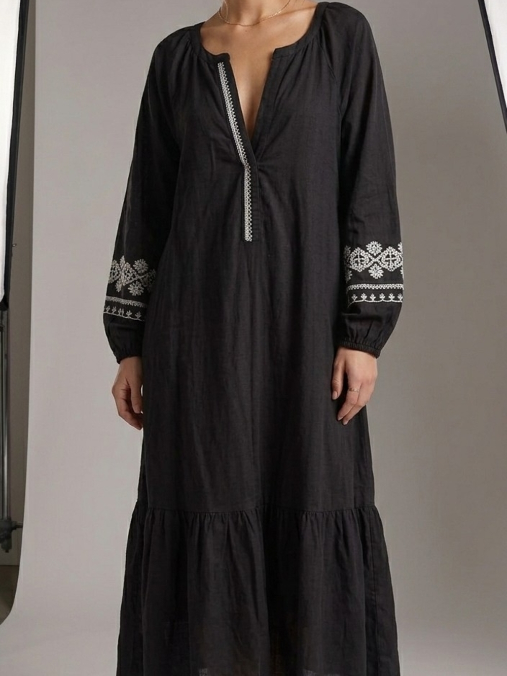 Zara Black Maxi Dress with White Embroidered Sleeves